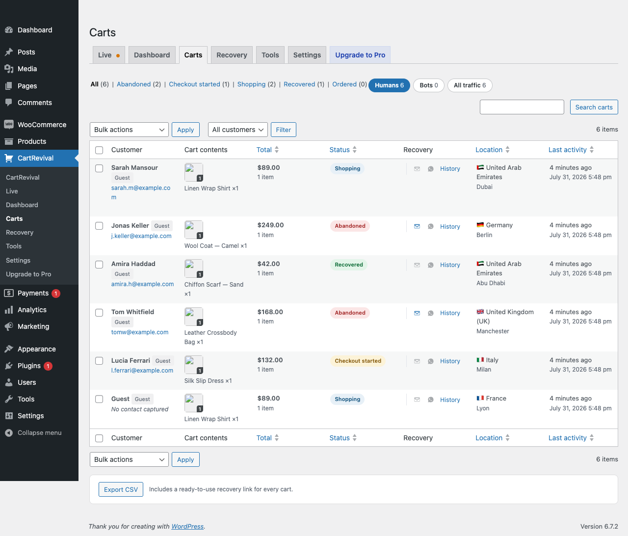 The Carts list — every captured cart with its contents, contact, location and status, and bots separated from humans.