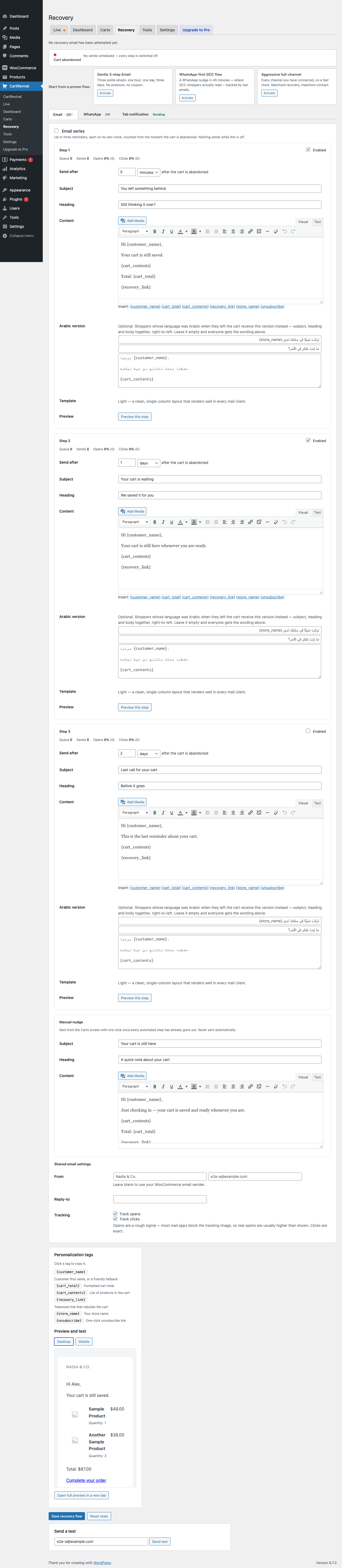 The Recovery screen — a three-step email series, each step with its own delay, wording and stats, plus WhatsApp.