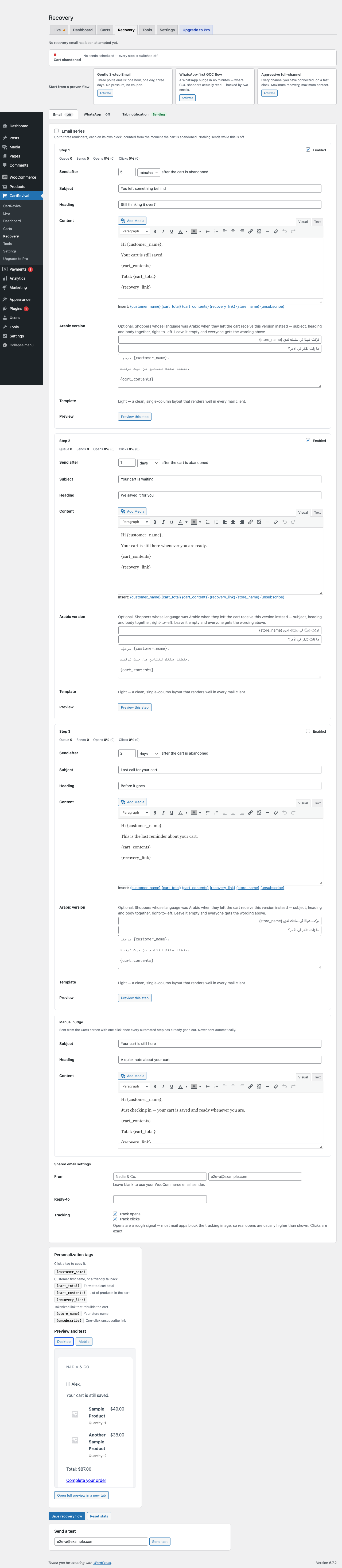 Writing a recovery email, with personalisation tags and an optional Arabic version of the same step.
