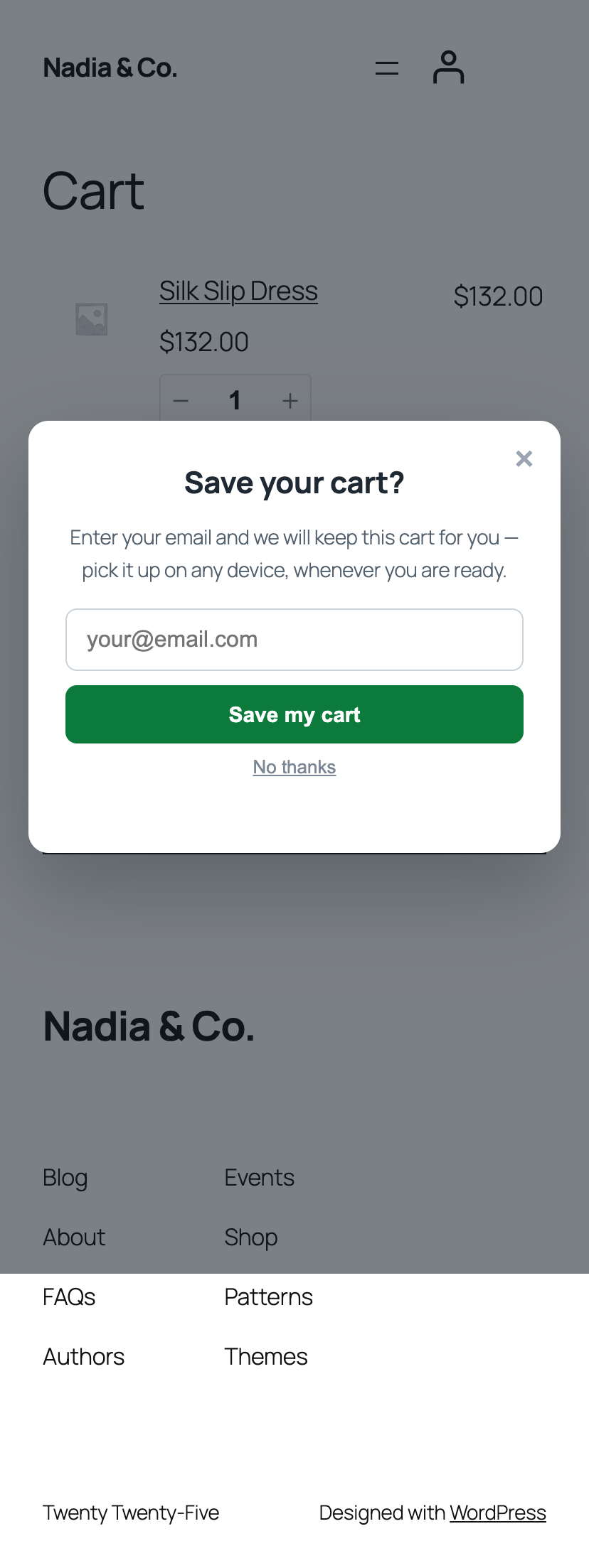 The cart-saving popup as a shopper sees it on a phone.
