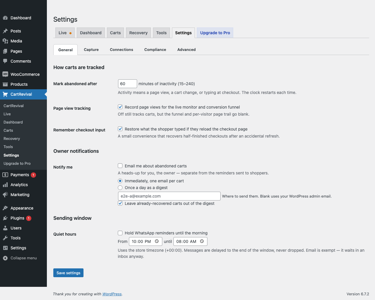 Settings — abandonment window, privacy controls and the opt-in usage telemetry choice.