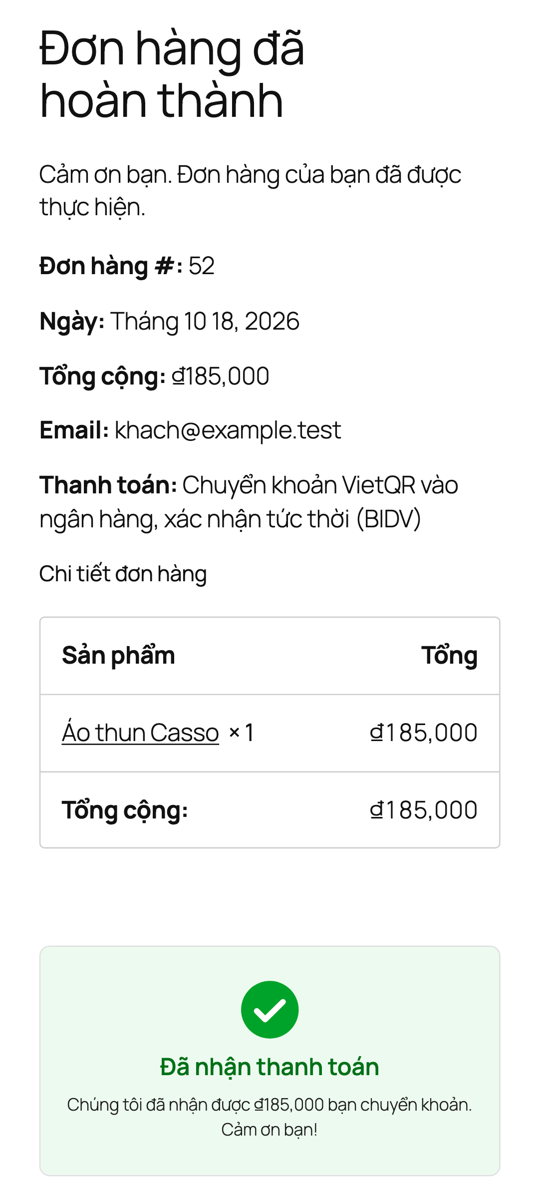 Tiền về, trang thanh toán của khách tự chuyển sang "Đã nhận thanh toán"