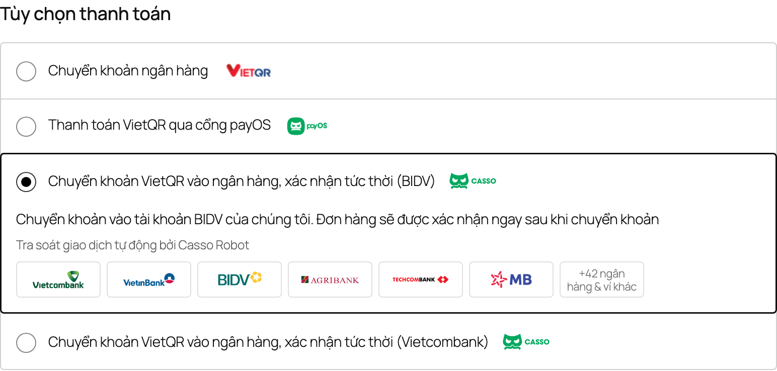 Bước chọn phương thức thanh toán: mỗi ngân hàng đã liên kết là một phương thức, kèm các ngân hàng phổ biến