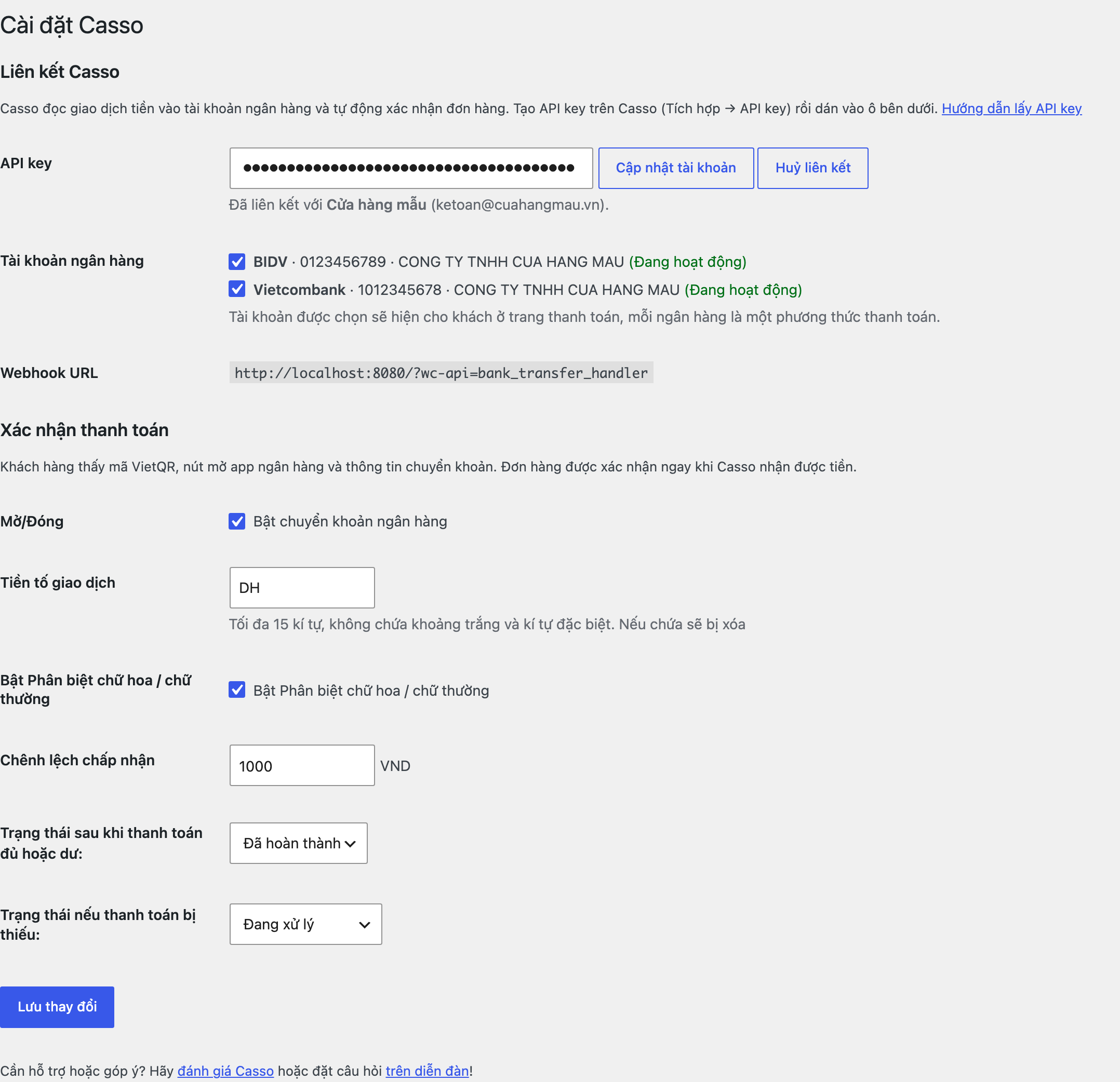 Trang cài đặt WooCommerce > Casso: API key, tài khoản ngân hàng, cách xác nhận đơn hàng
