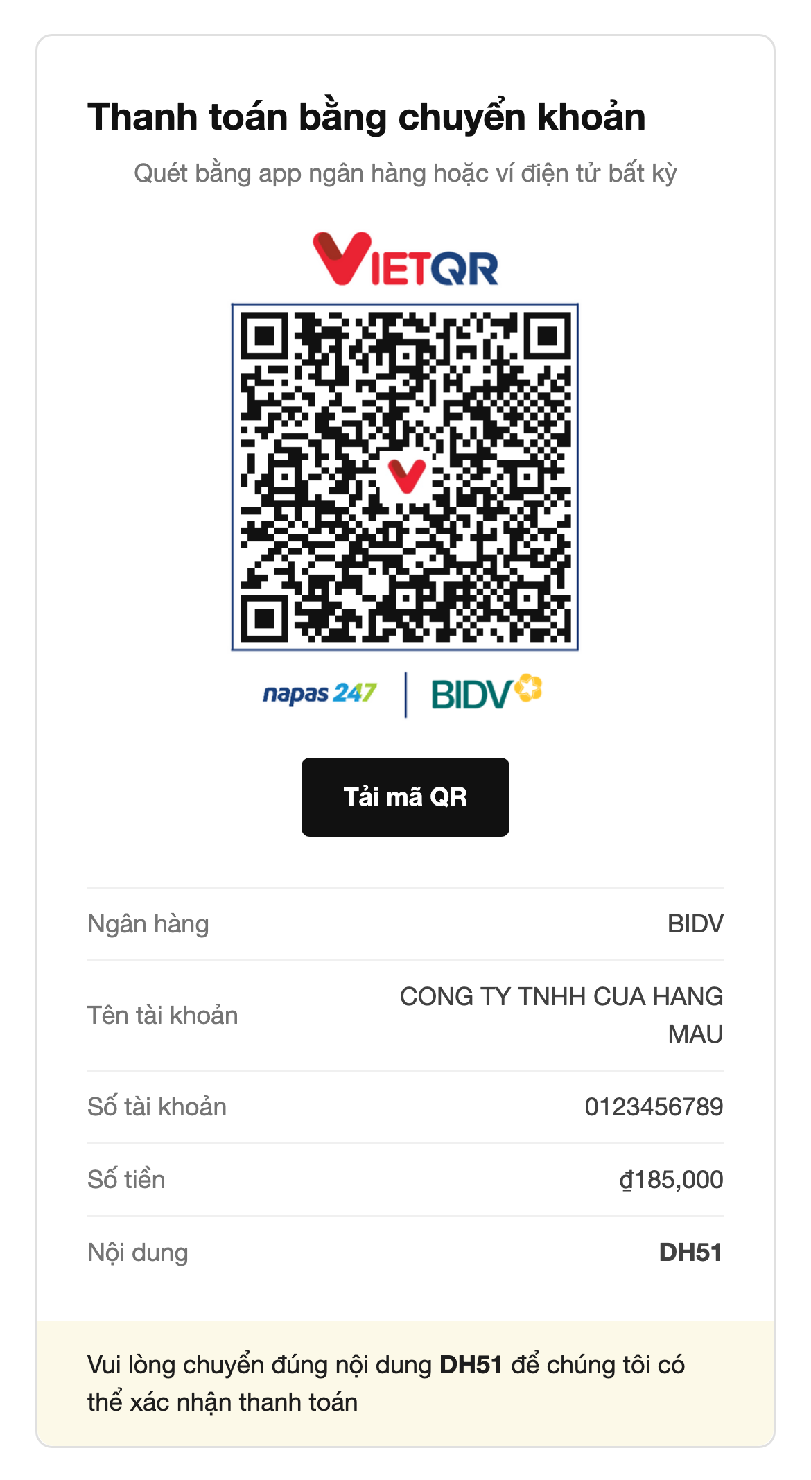 Email đơn hàng: mã QR và thông tin chuyển khoản