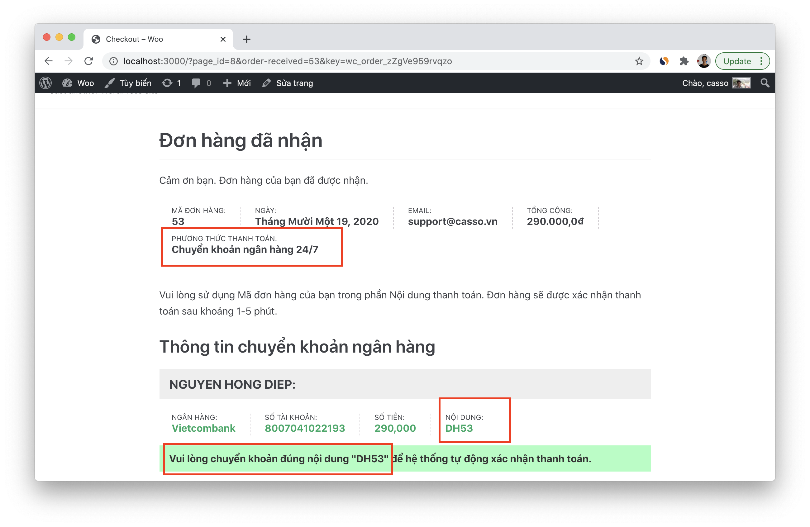 Trang đặt hàng thành công: thông tin chuyển khoản và mã QR