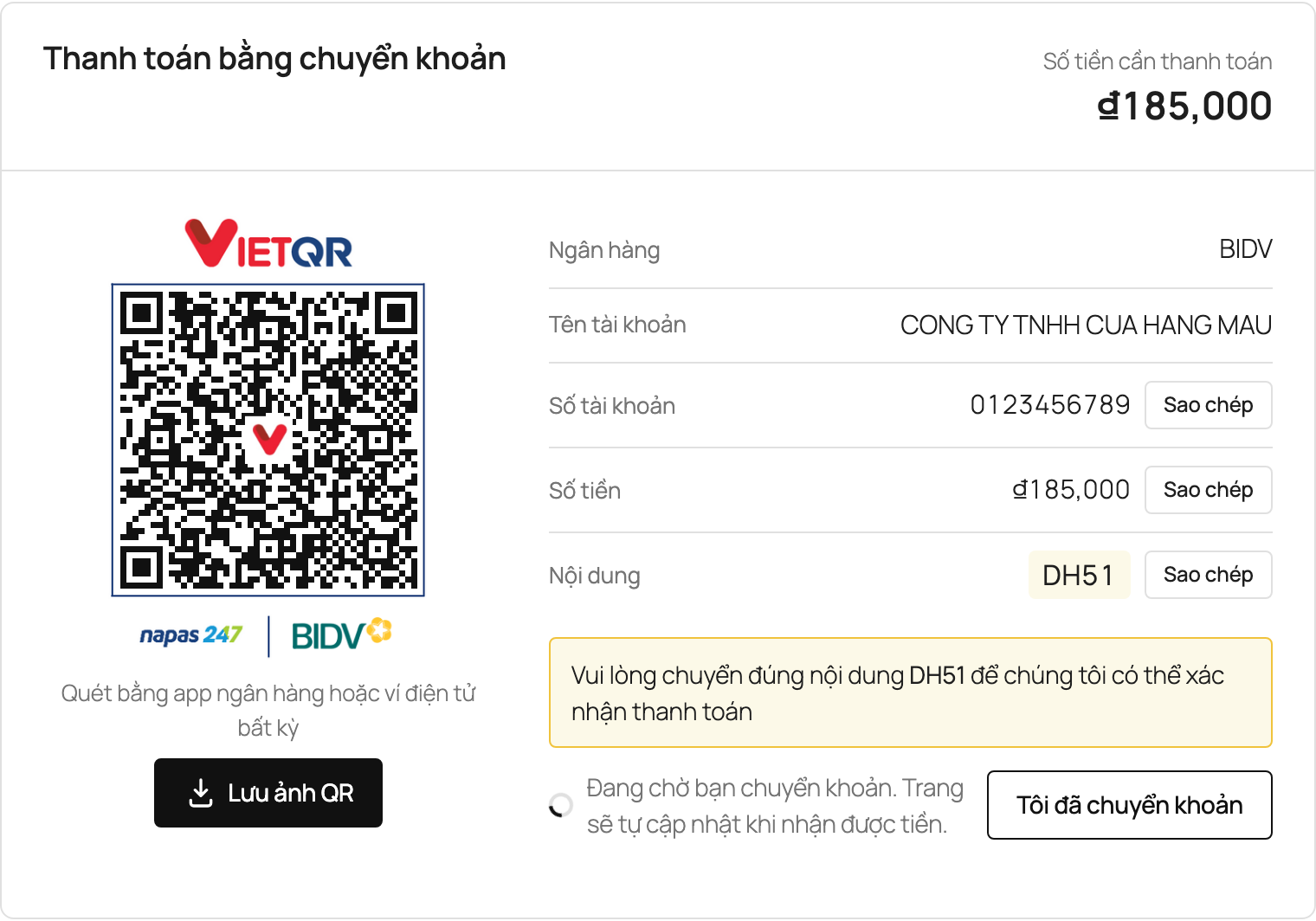 Trên máy tính: mã QR bên cạnh thông tin chuyển khoản, trang tự kiểm tra thanh toán và nút "Tôi đã chuyển khoản"