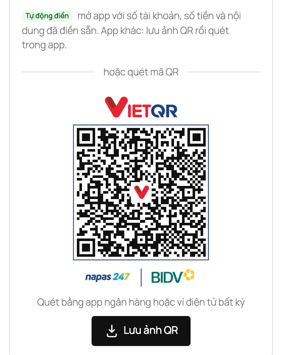 Trên điện thoại: mã VietQR và nút "Lưu ảnh QR"