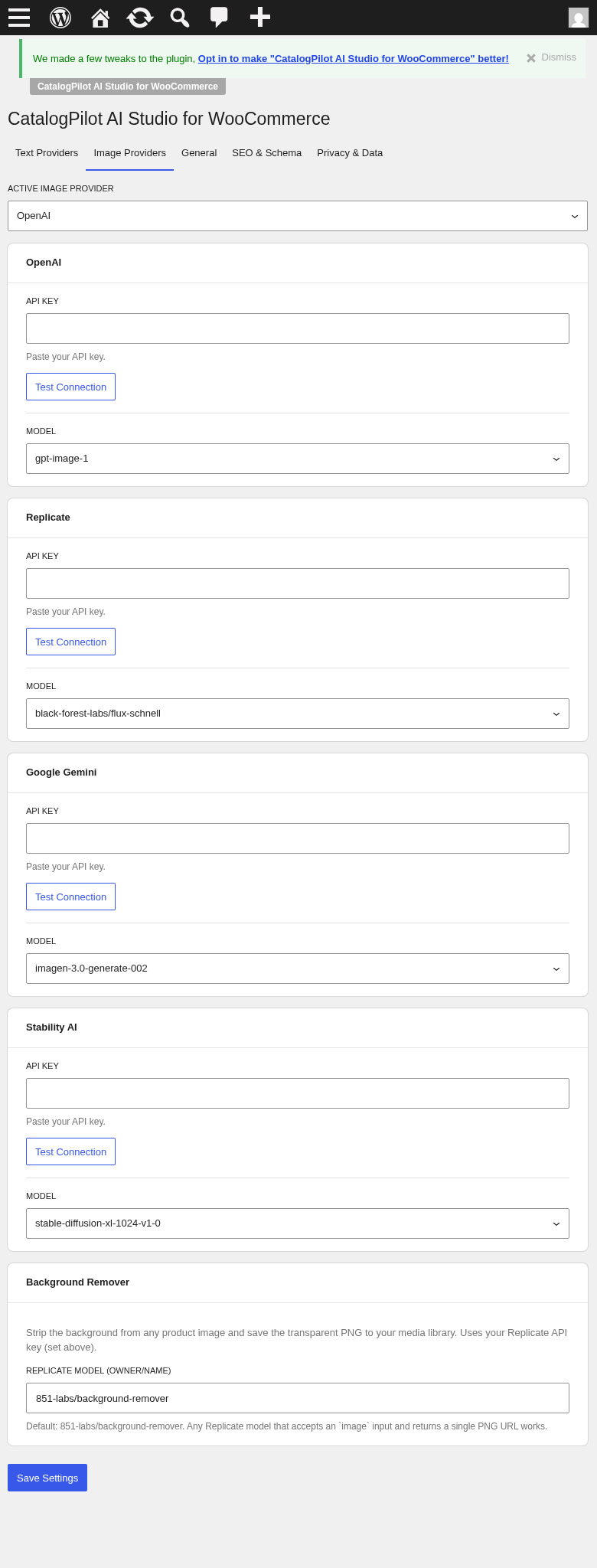 Image Providers tab — Stability AI, Replicate, OpenAI DALL·E, Google Imagen