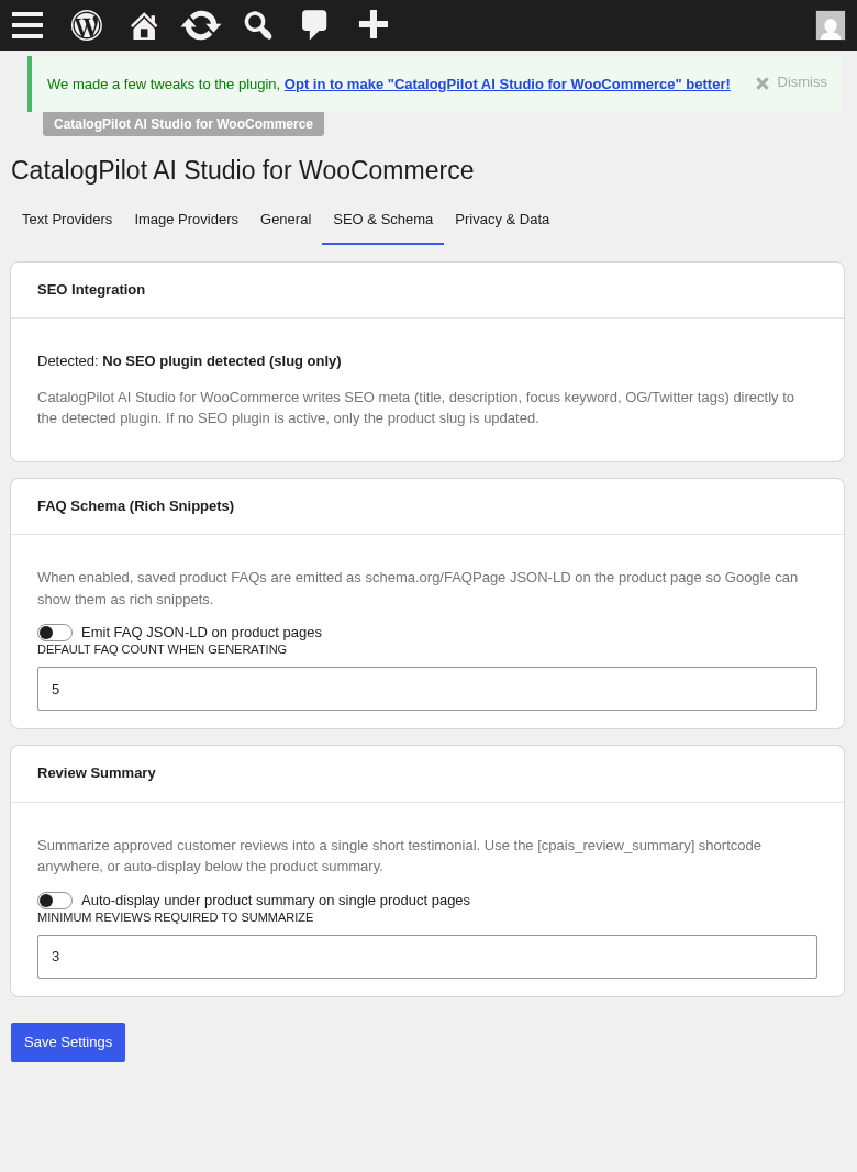 SEO & Schema tab — FAQ / HowTo / Product schema, Open Graph, Twitter Card