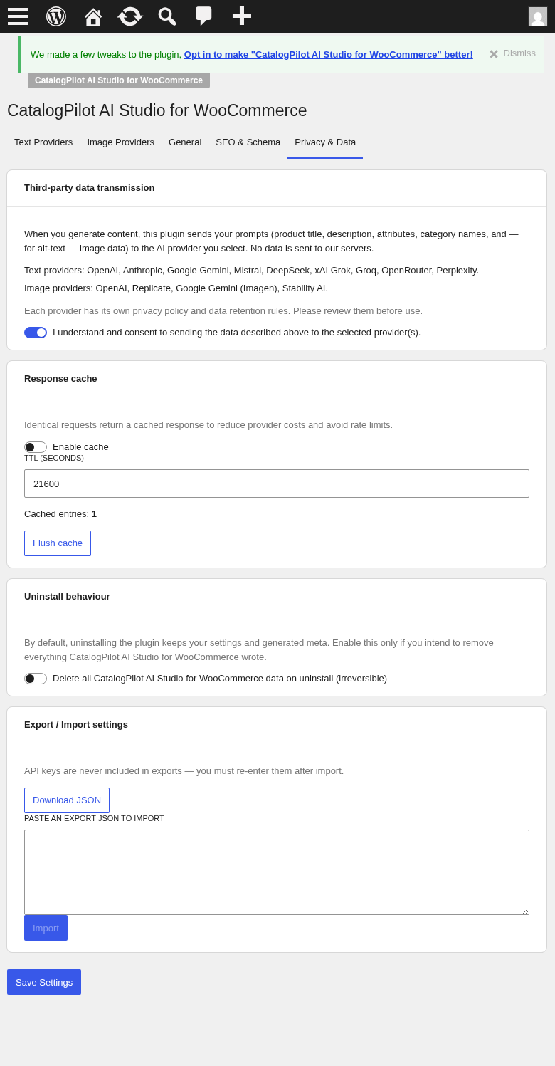 Privacy & Data tab — third-party AI consent, encrypted key storage