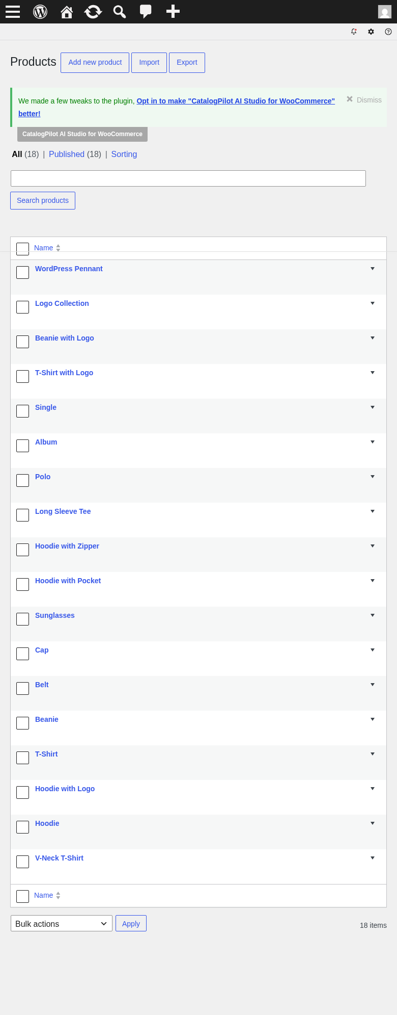 Products list — missing content indicators per product