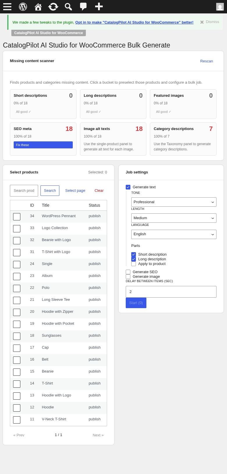 Bulk Generate admin page — select multiple products, choose fields, run in background
