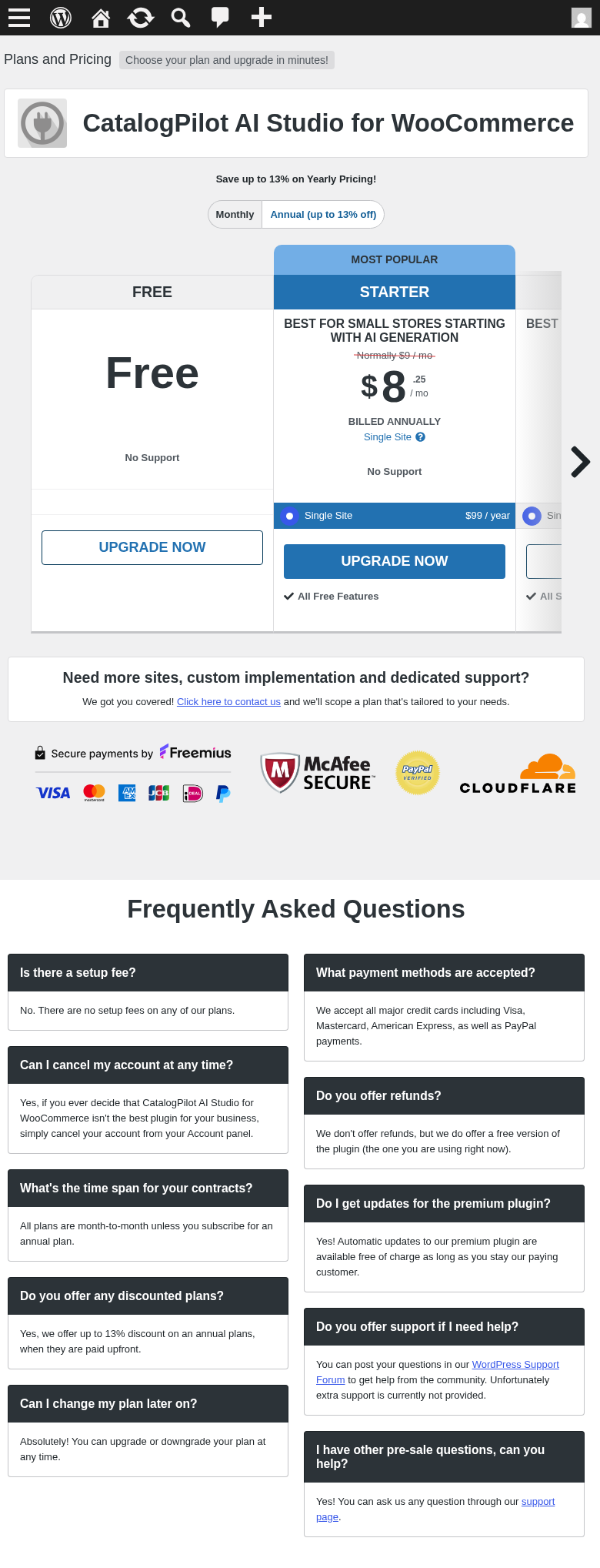 Pricing & upgrade page — Free / Starter / Pro plans