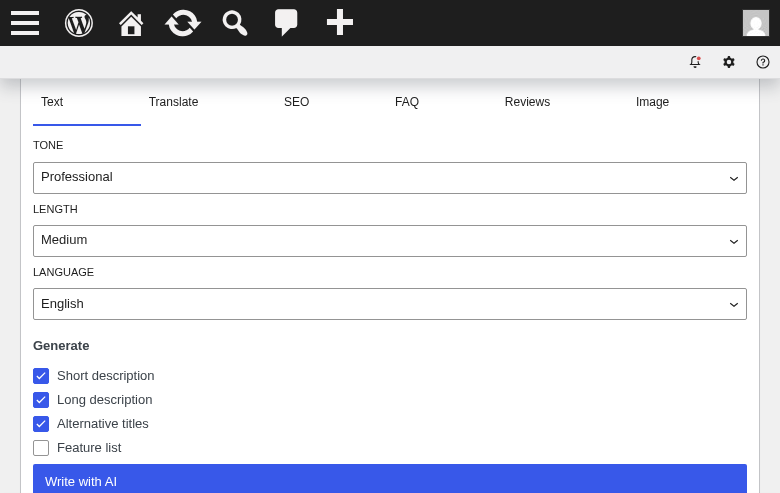 Product editor meta box zoomed in — Generate description / SEO / FAQ / image