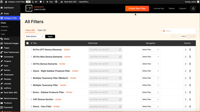 Create New Filter: Select your post type to get started.