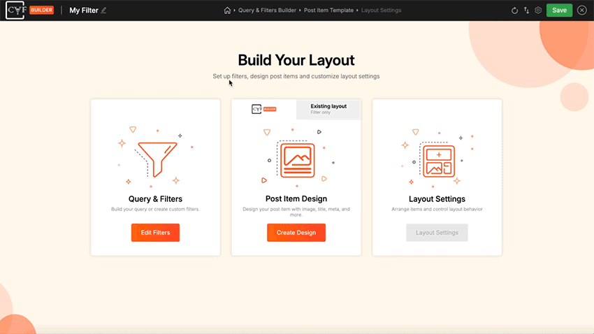 Add Filter Modules: Choose from Search, Dropdown, Checkbox, Reset, and more filter types.