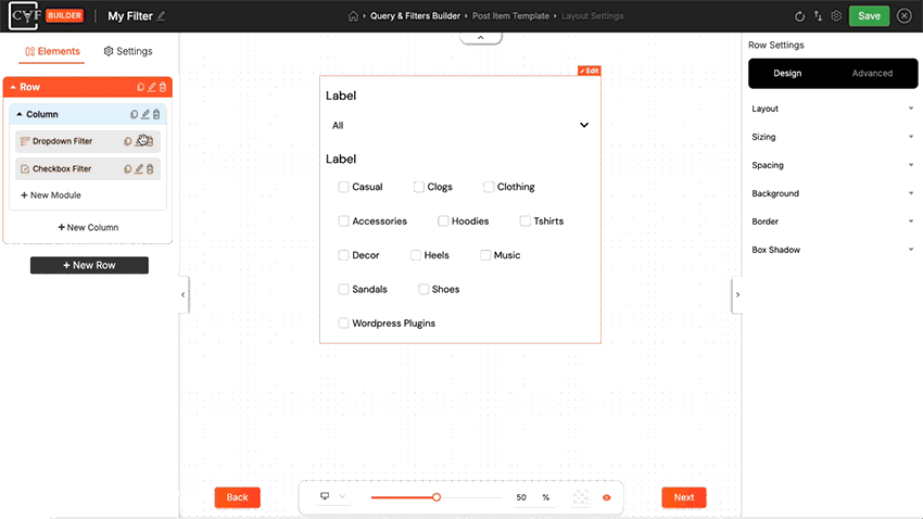 Customize Filter Design: Control colors, backgrounds, borders, spacing, and styling for each filter module.