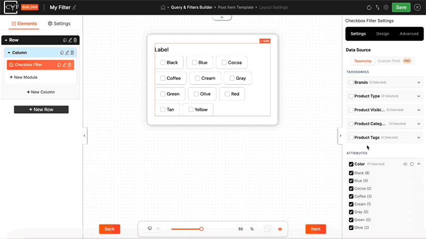 Enable Color Swatches: Switch a Checkbox filter from plain checkboxes to color swatches with one toggle.