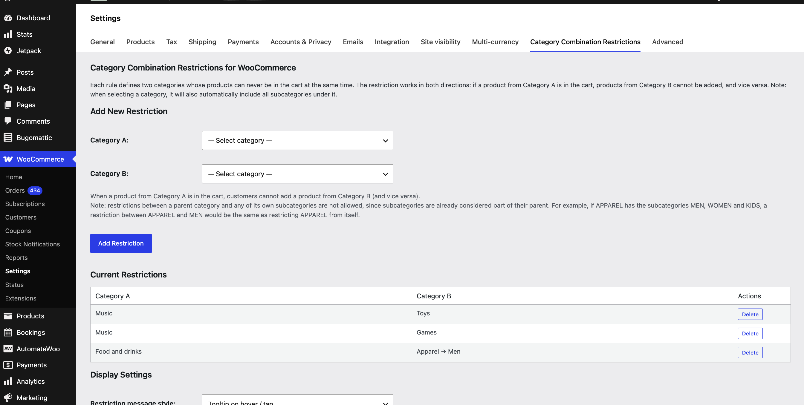 Category Combination Restrictions for WooCommerce