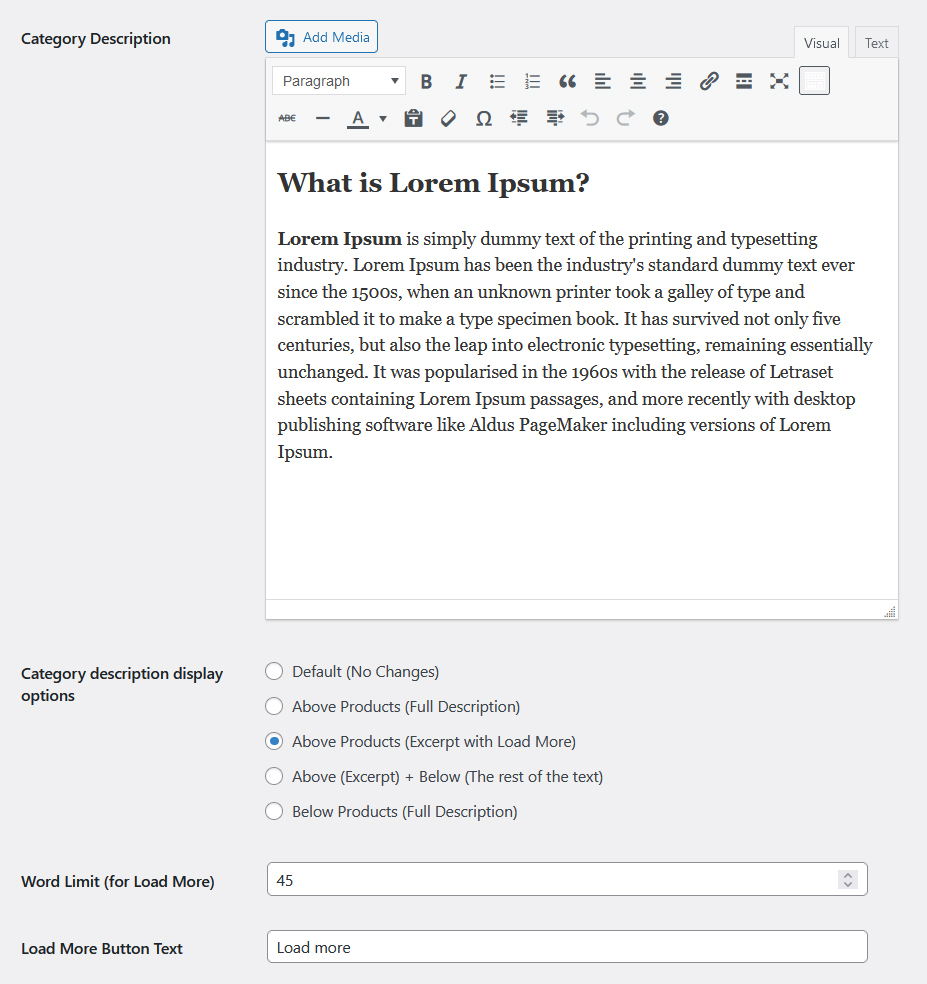 Configure the display and formatting options for your product category descriptions.