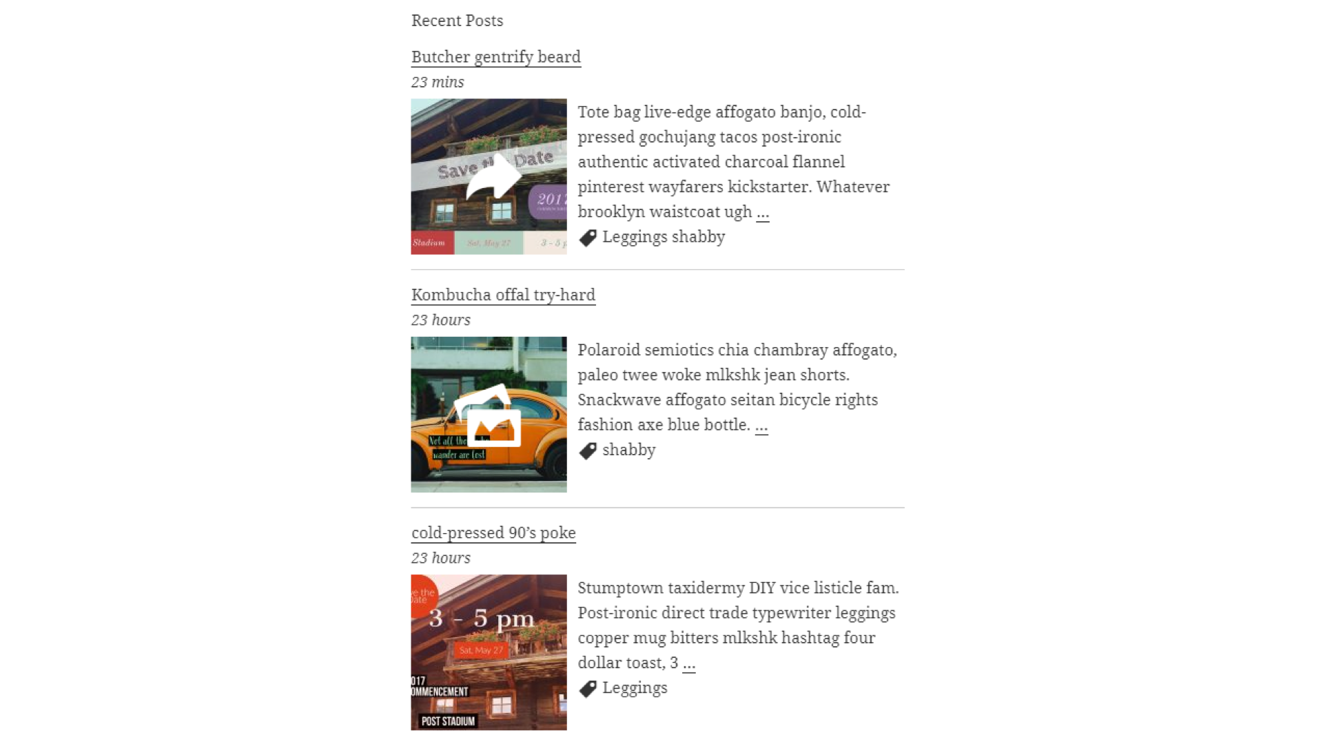 Front end of the block with SVG font-icon support for post formats, hover effects and post tags.