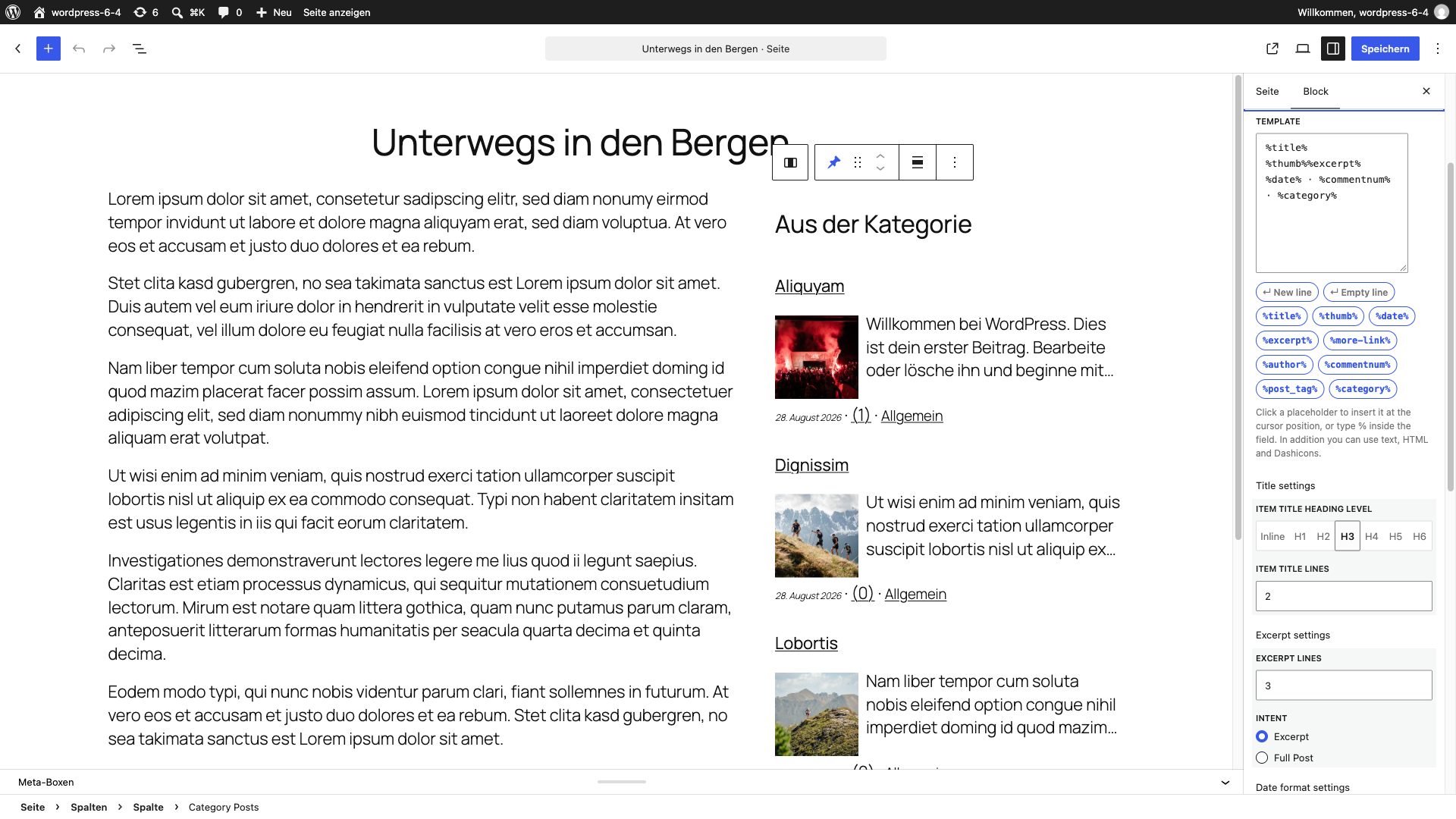 The Category Posts block in the editor: Template, item title heading level and excerpt settings.