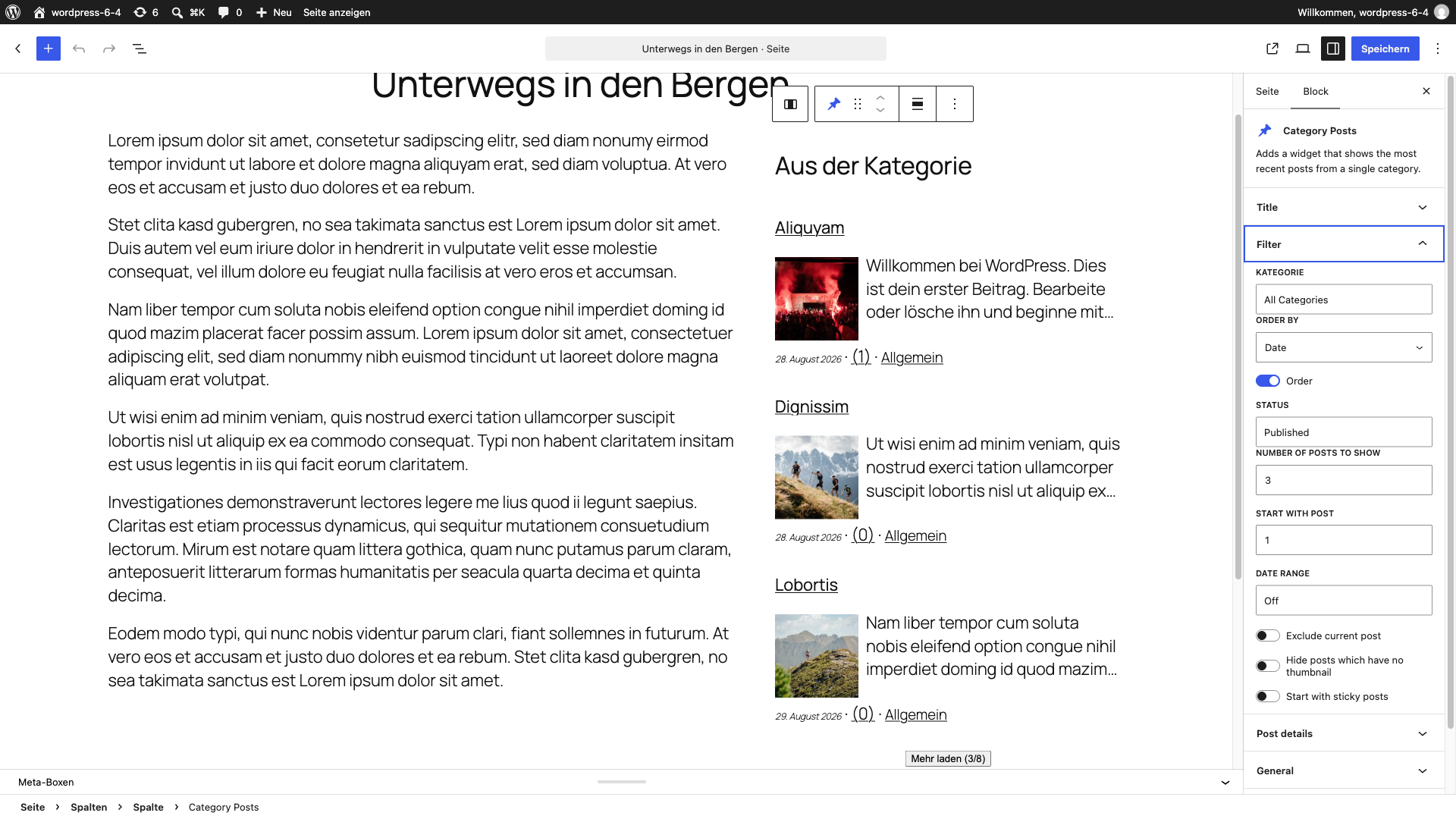 The Category Posts block in the editor: filter by category, status, date range, sort order and offset.