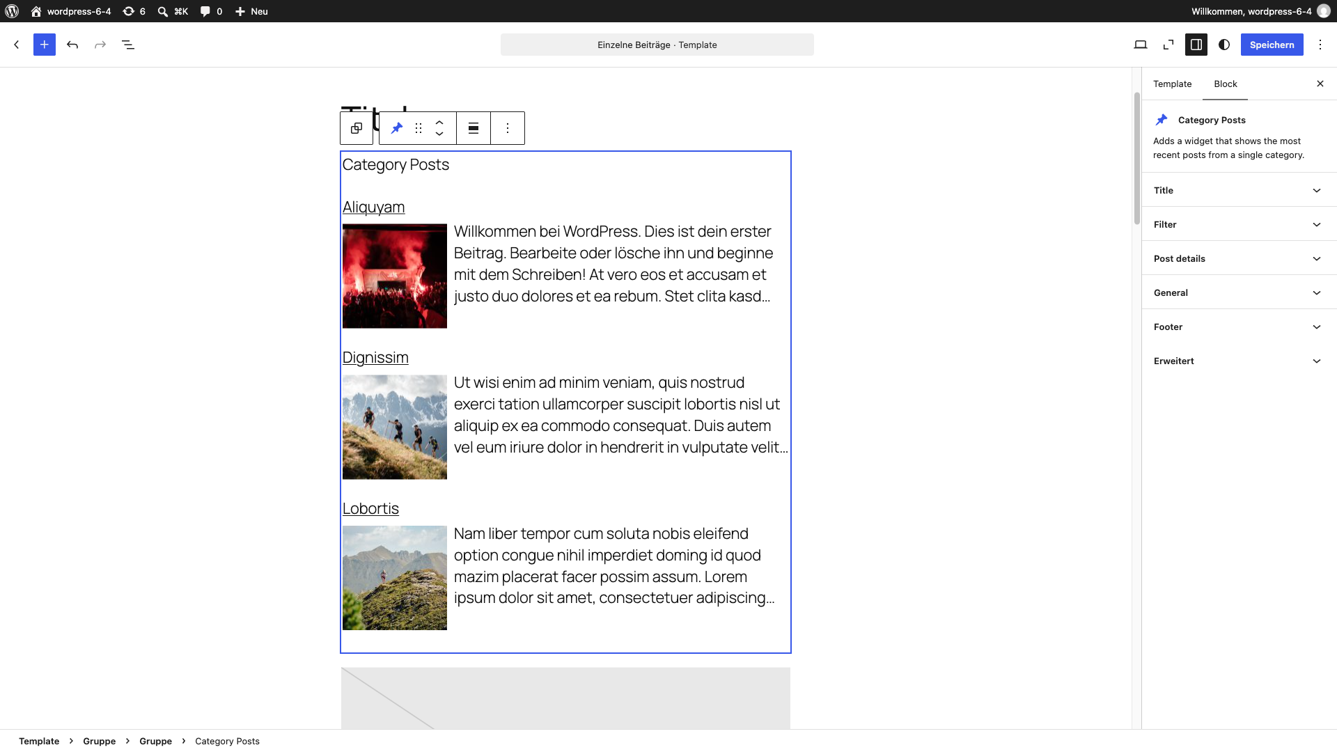 The Category Posts block used in the Site Editor.