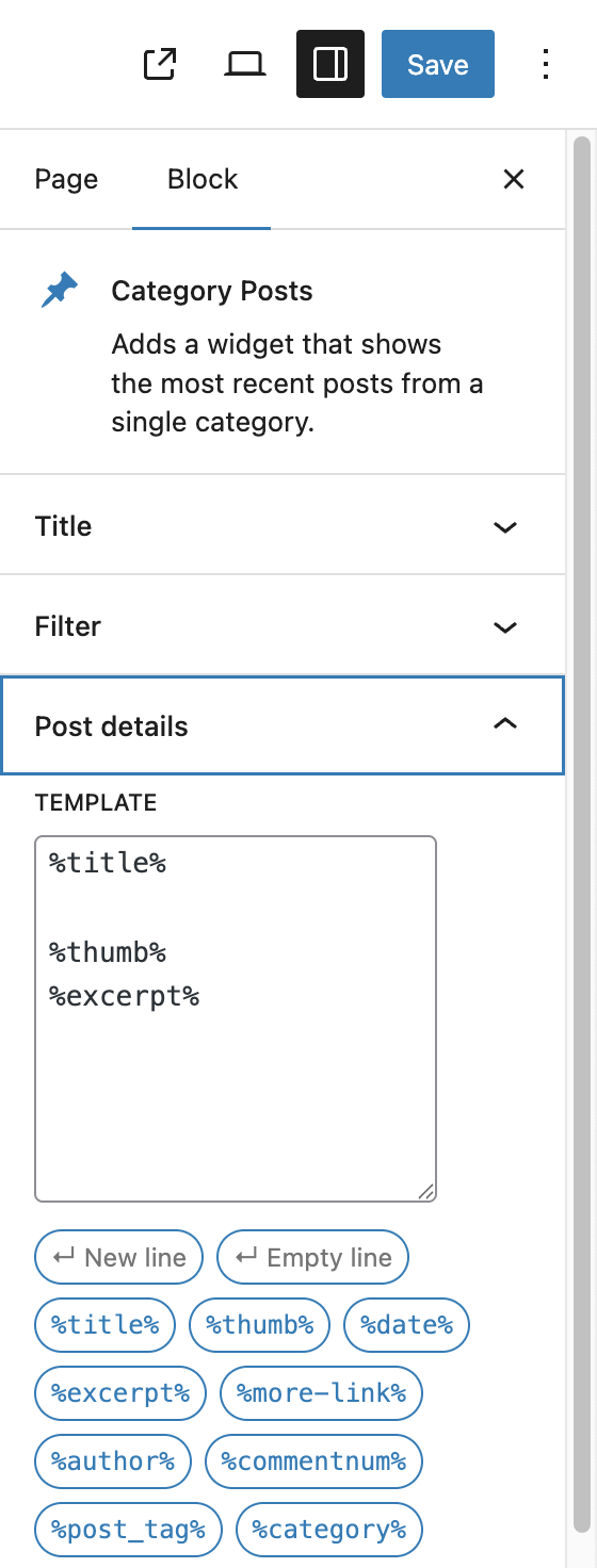 The Category Posts block and its options in the block editor.