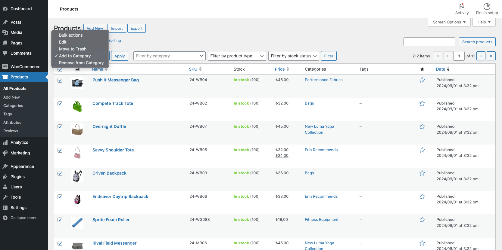 Bulk action dropdown with the new category management options