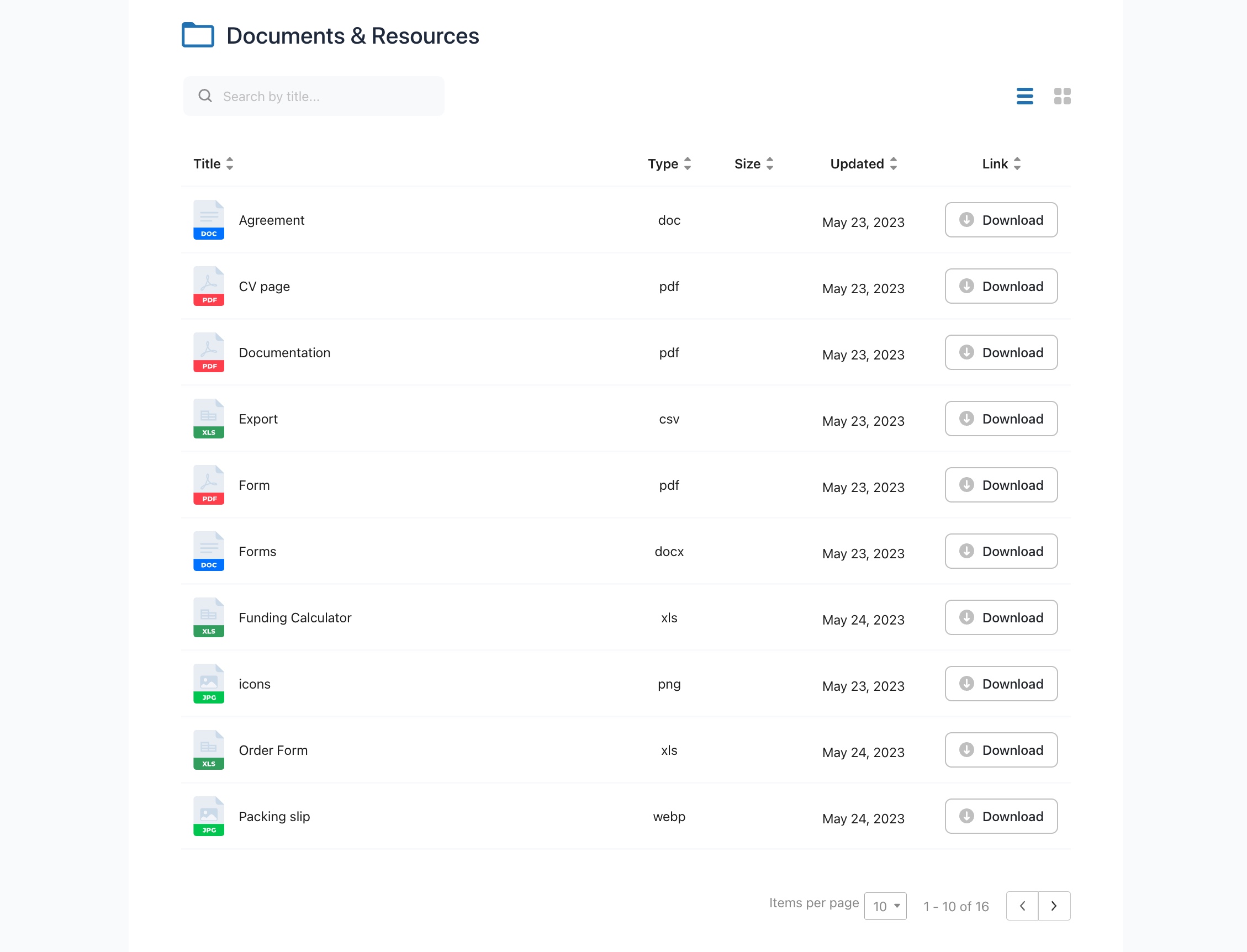 WordPress document file gallery in list view.