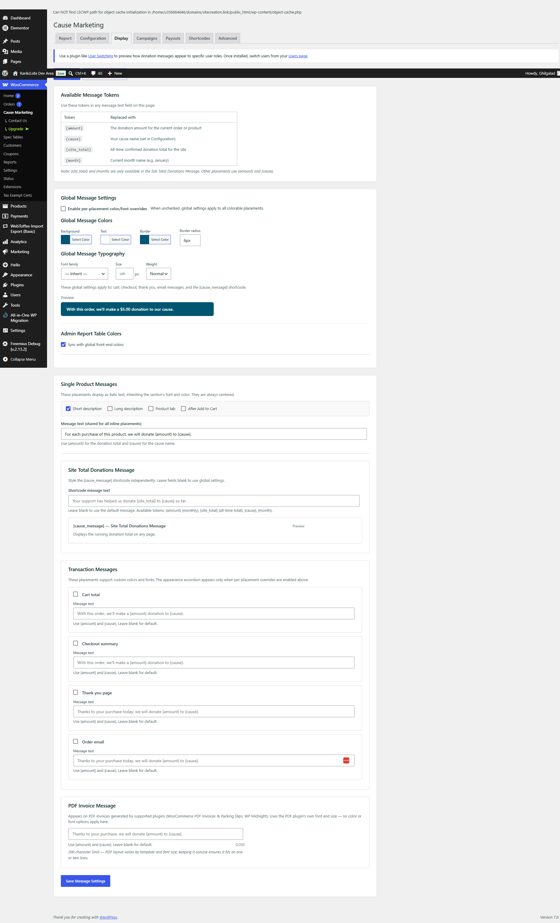 Display tab — global color, font, and placement configuration.