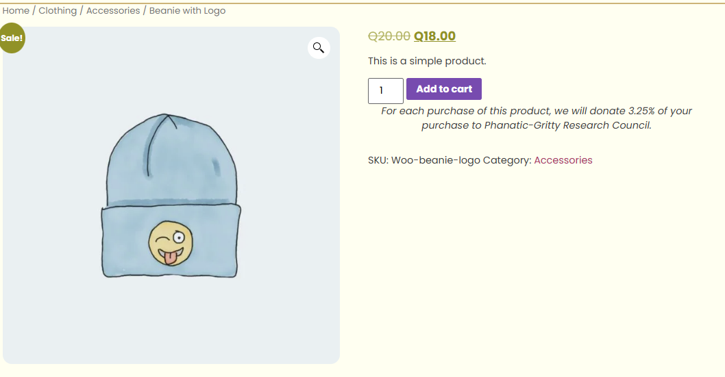 Front-end product page — inline donation message below the product description.