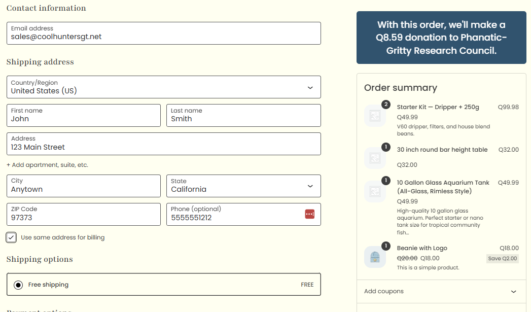 Front-end checkout — donation summary in the order total area.