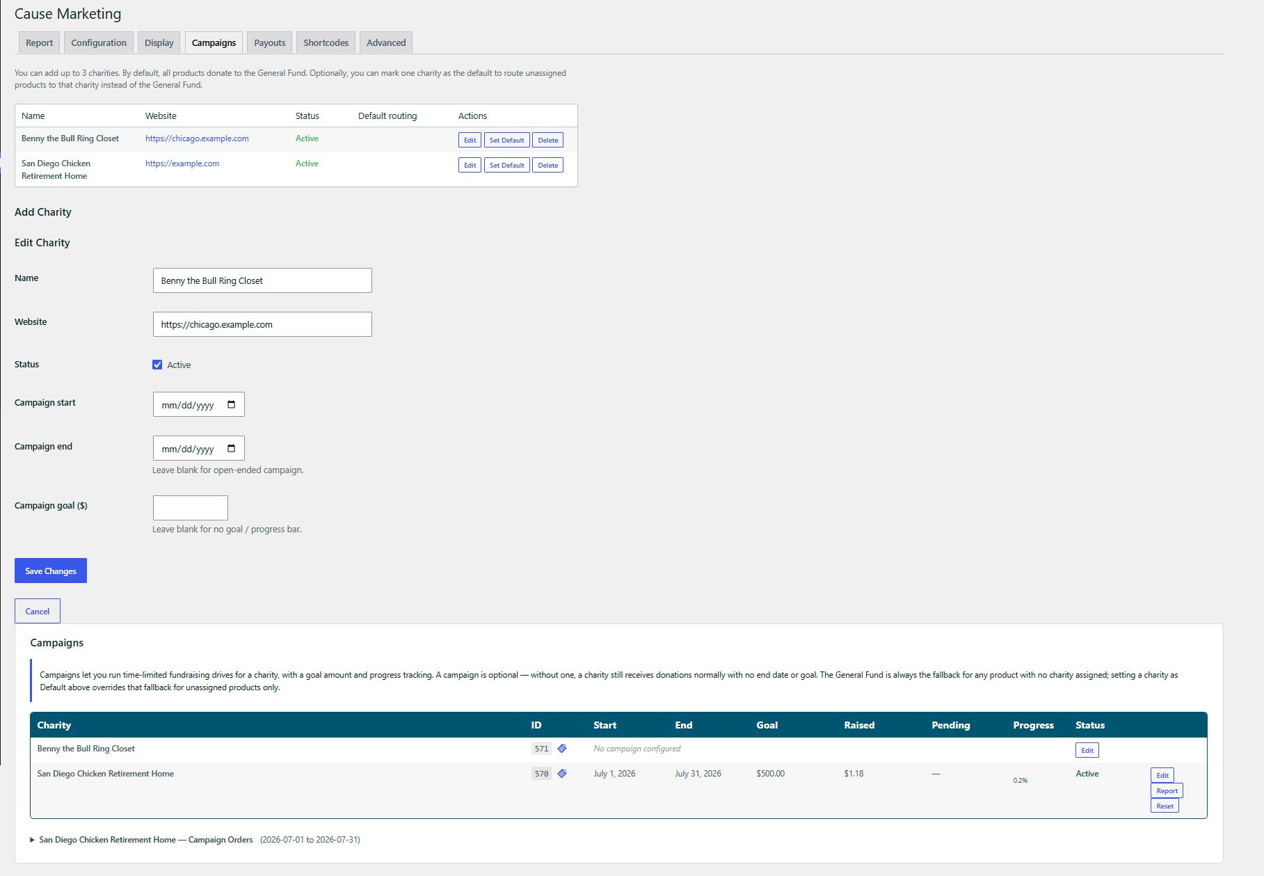 Payouts tab — record and reconcile payments made to your cause.