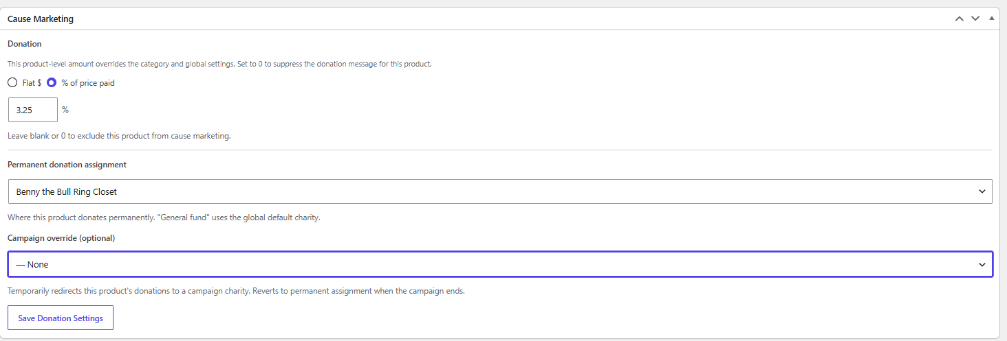 Product meta box — flat dollar or percentage donation amount per product.