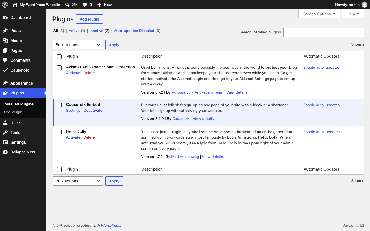 The Plugins screen with the Settings and View details links.