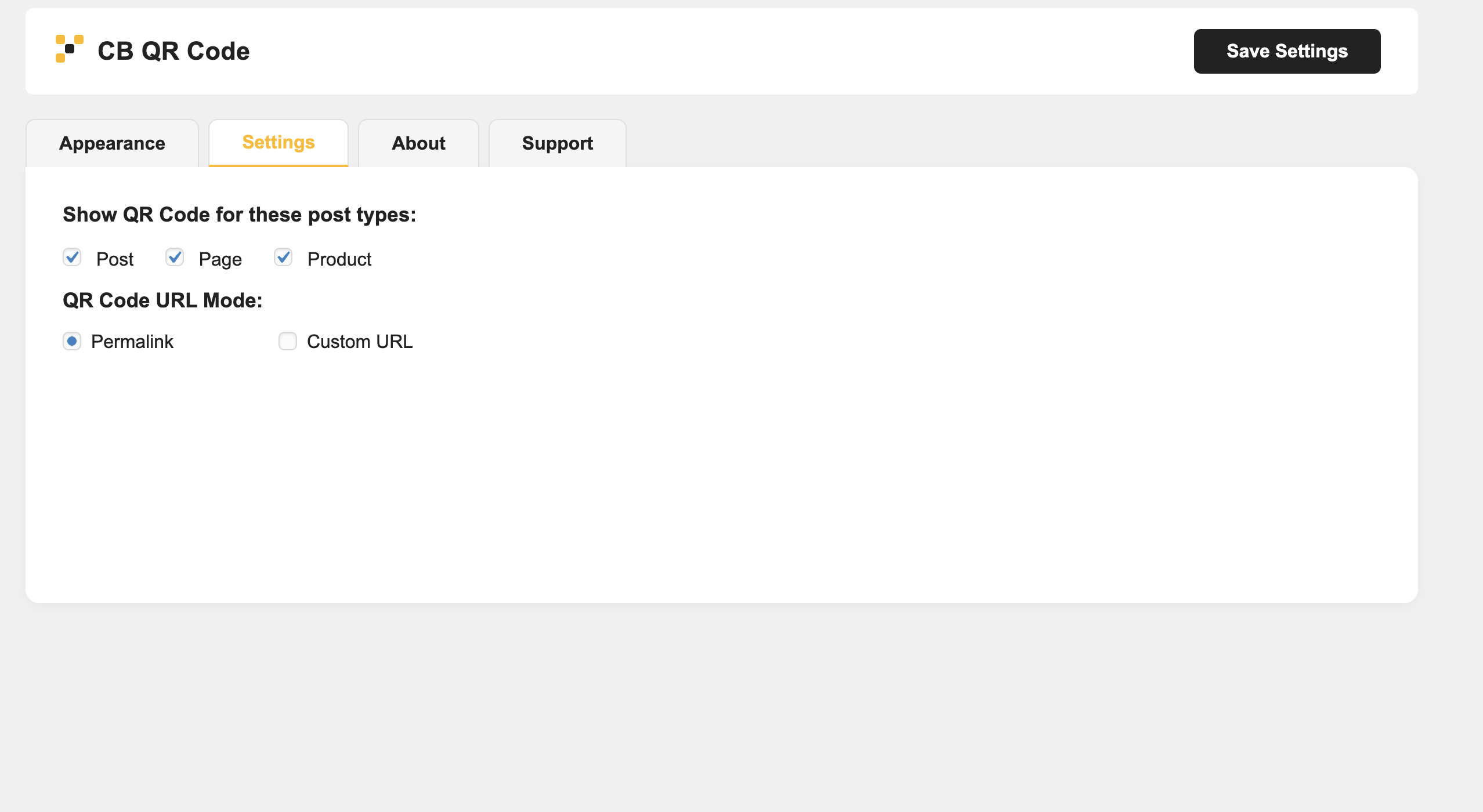 Admin Settings Panel - Configure which post types display QR codes