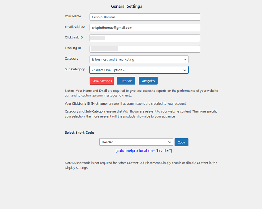 General Settings: Configure your ClickBank account and basic settings.