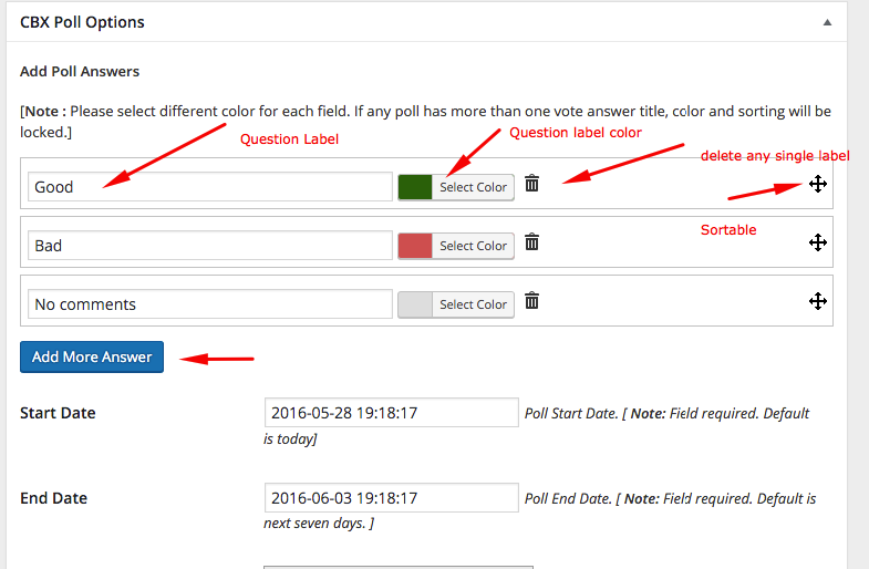 Poll Questions with color, sortable, delete and add new question