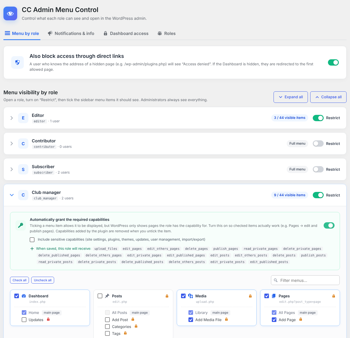 Menu visibility by role: every role in an accordion, with a live counter and the "Restrict" switch.