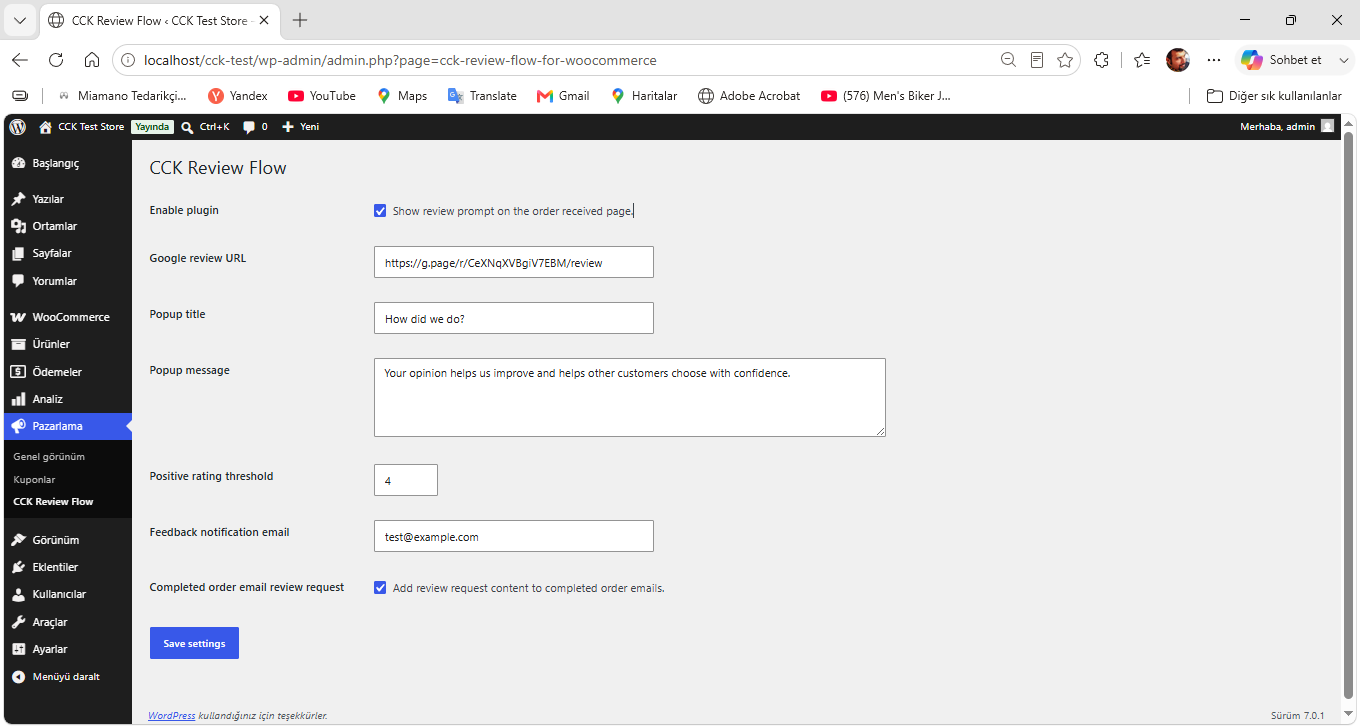 CCK Review Flow settings page.
