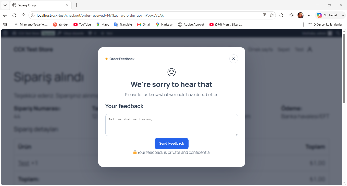 Private feedback form for low ratings.
