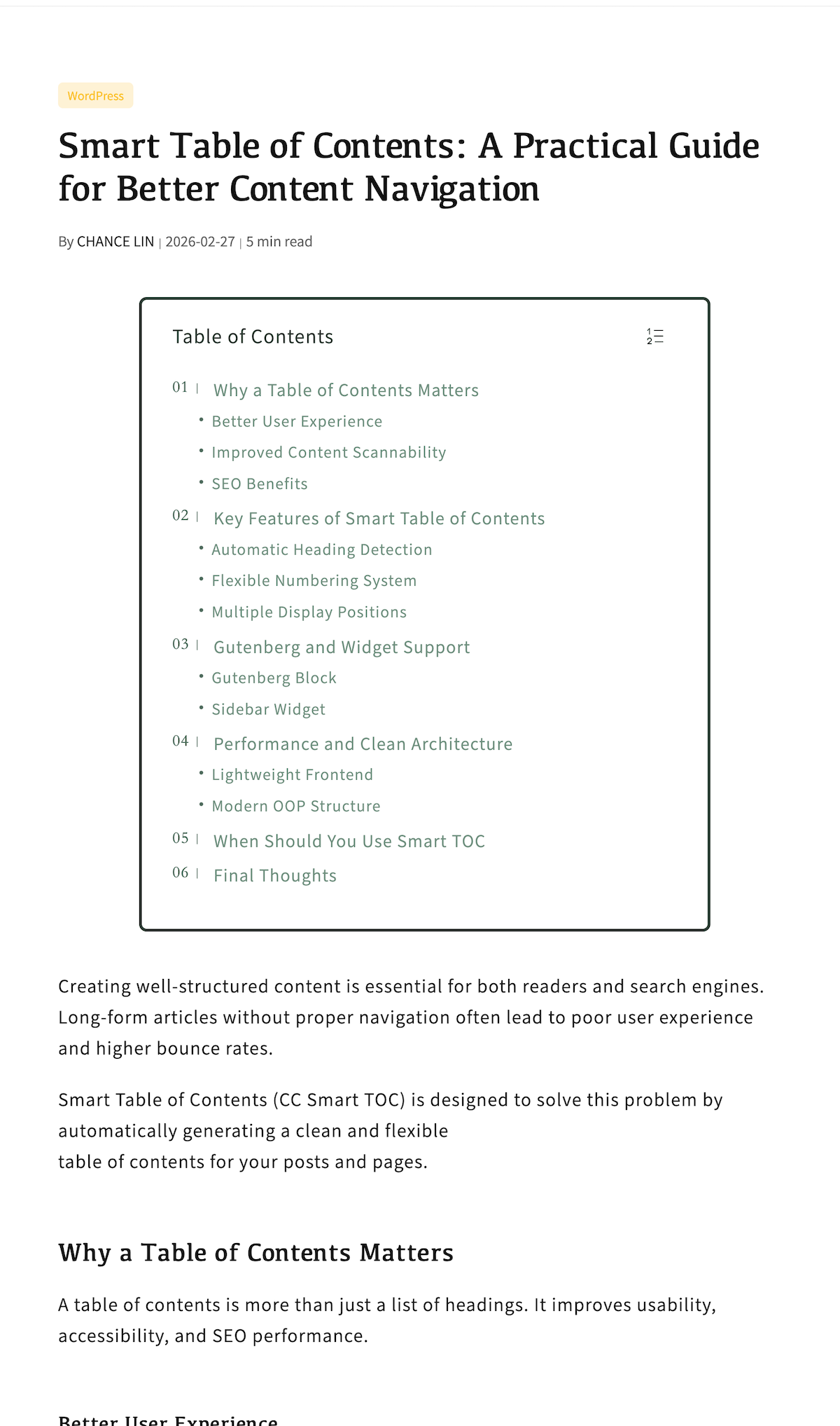 In-content table of contents automatically inserted at the top of the post