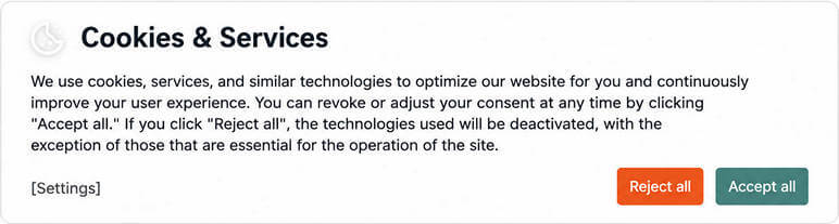 The cookie consent banner as your visitors first see it - colors, texts, buttons and layout are fully customizable.