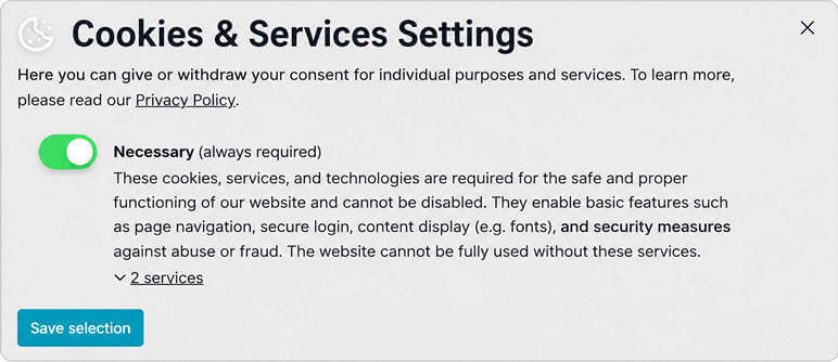 The settings dialog: visitors grant or withdraw consent per category and service, reachable any time via the floating settings button.