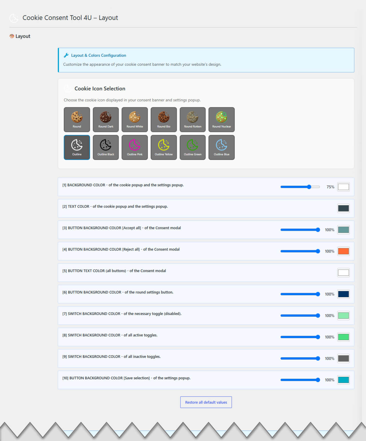Layout: choose a cookie icon and configure all colors and opacities of the banner and settings popup.