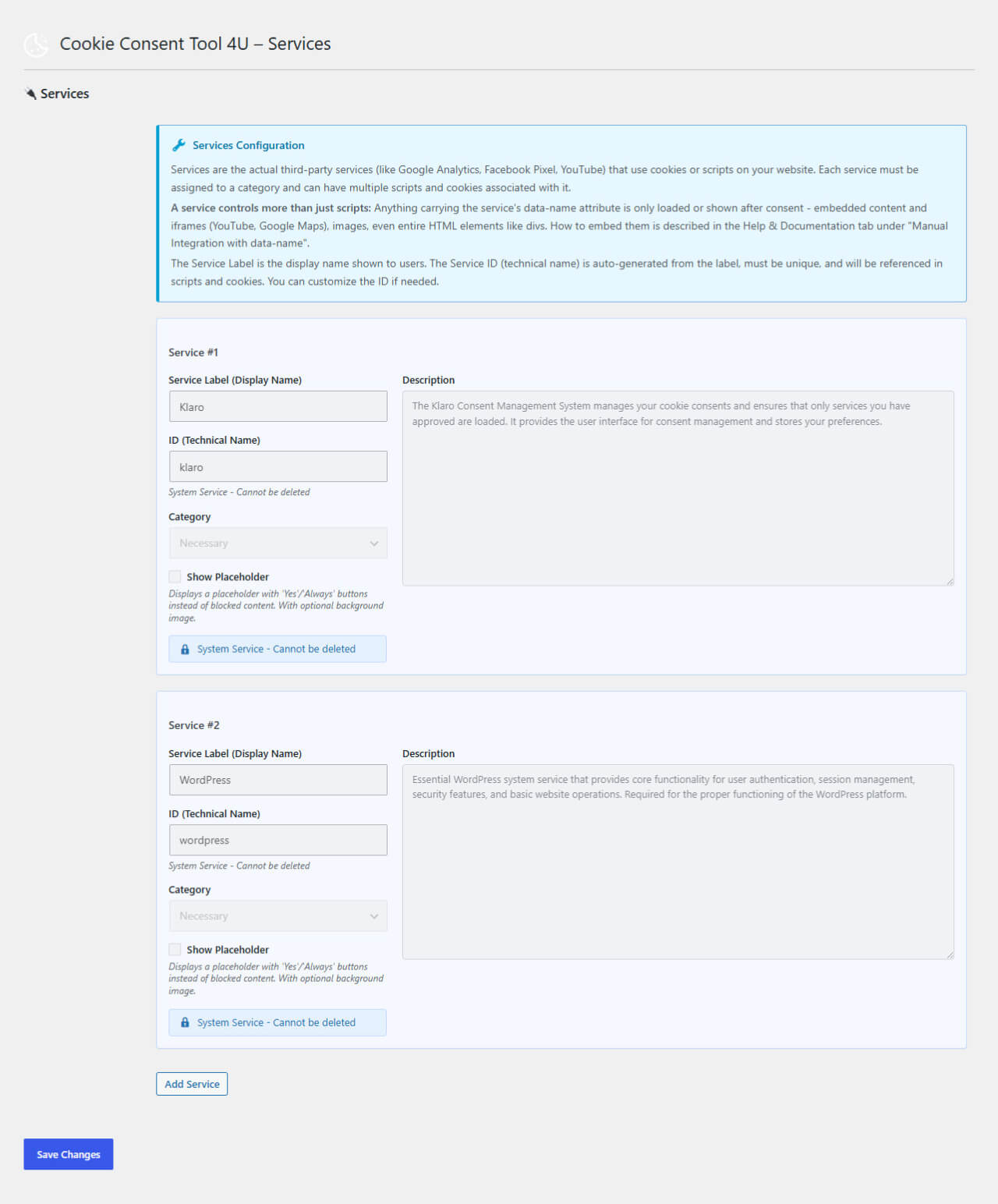 Services: register the third-party services that use cookies or scripts, each assigned to a category.