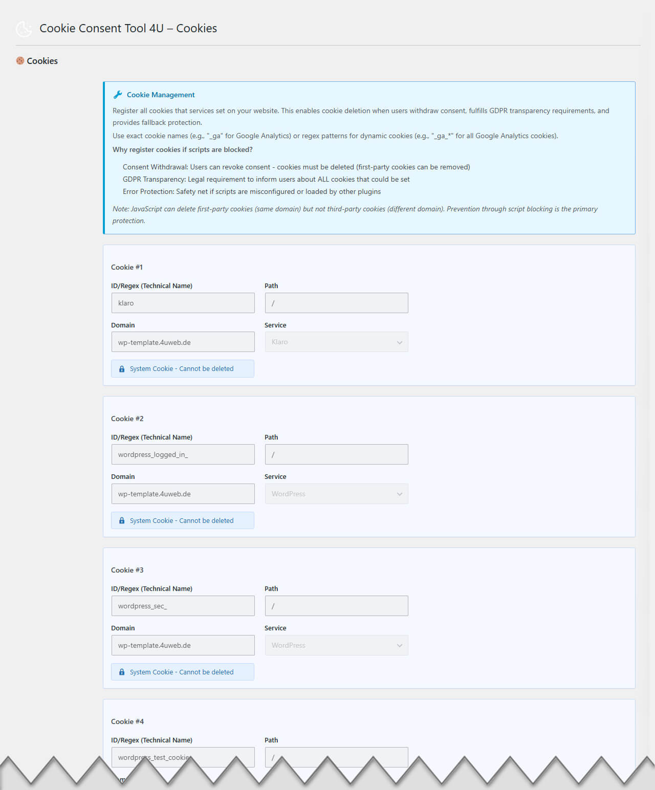 Cookies: register the cookies your services set - enables deletion on consent withdrawal and GDPR transparency.